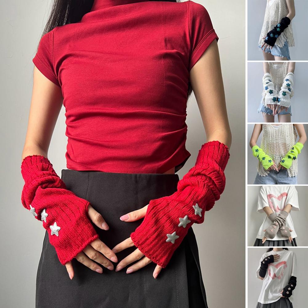 Fingerless Glove Knit - ถุงมือถักลายดาวสำหรับผู้หญิง ฤดูใบไม้ร่วงและฤดูหนาว ให้ความอบอุ่น สไตล์ปลอกแขนแบบไม่มีนิ้ว ถุงมือแฟชั่นแบบเปิดนิ้ว