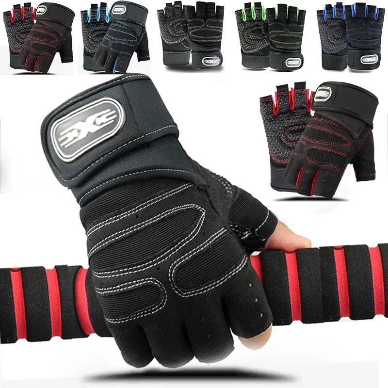 Workout Glove Gym - ถุงมือออกกำลังกายแบบไม่มีนิ้วสำหรับผู้ชายและผู้หญิง พร้อมสายรัดข้อมือยาว ป้องกันการลื่น ถุงมือกีฬาสำหรับฟิตเนส ยกน้ำหนัก ปั่นจักรยาน